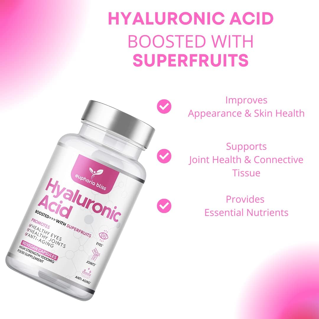 Hyaluronic Acid 1000mg Complex,  90 Capsules, High Strength, Infused with Superfruits