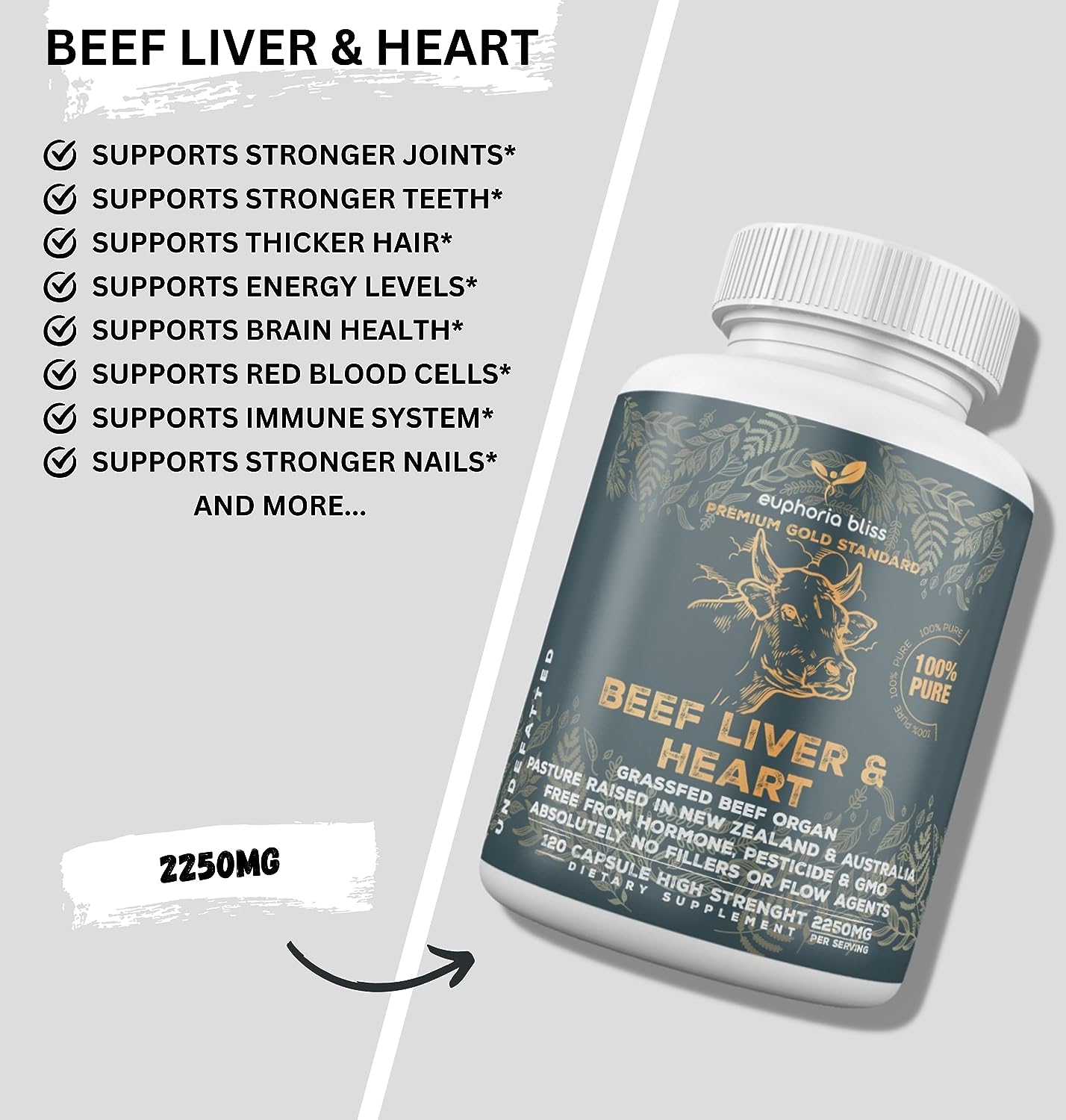 Grass-Fed Desiccated Beef Liver & Heart Capsules 2250mg