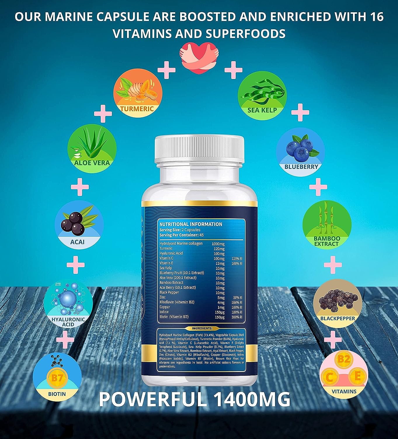 High Strength Marine Collagen 1400MG Capsules with Turmeric & Kelp